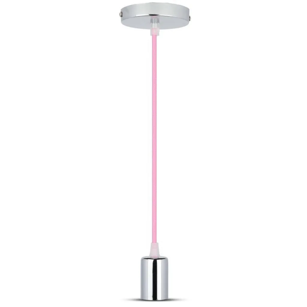 Lampadario LED a Cilindro in Metallo con Portalampada E27 (Max 60W) l.:100cm Colore Cromato e Cavo Rosa, vista frontale