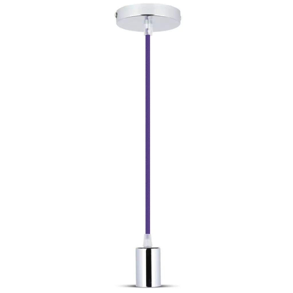 Lampadario LED a Cilindro in Metallo con Portalampada E27 (Max 60W) l:100cm Colore Cromato e Cavo Viola, vista generale