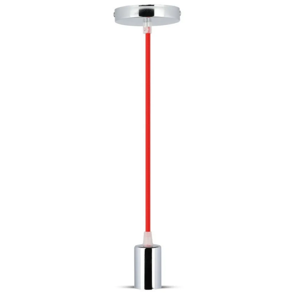 Lampadario LED a Cilindro in Metallo con Portalampada E27 (Max 60W) L:100cm Colore Cromato e Cavo Rosso, vista frontale