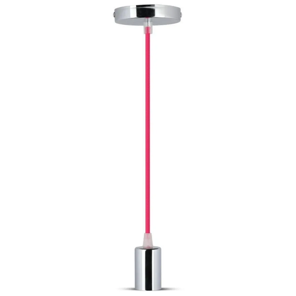 Lampadario LED a Cilindro in Metallo con Portalampada E27 (Max 60W) L:100cm Colore Cromato e Cavo Fucsia, vista front