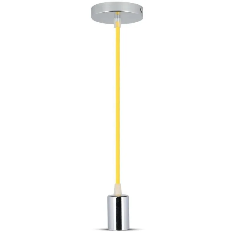 Lampadario LED a Cilindro in Metallo con Portalampada E27 (Max 60W) L:100cm Colore Cromato e Cavo Giallo, vista frontale