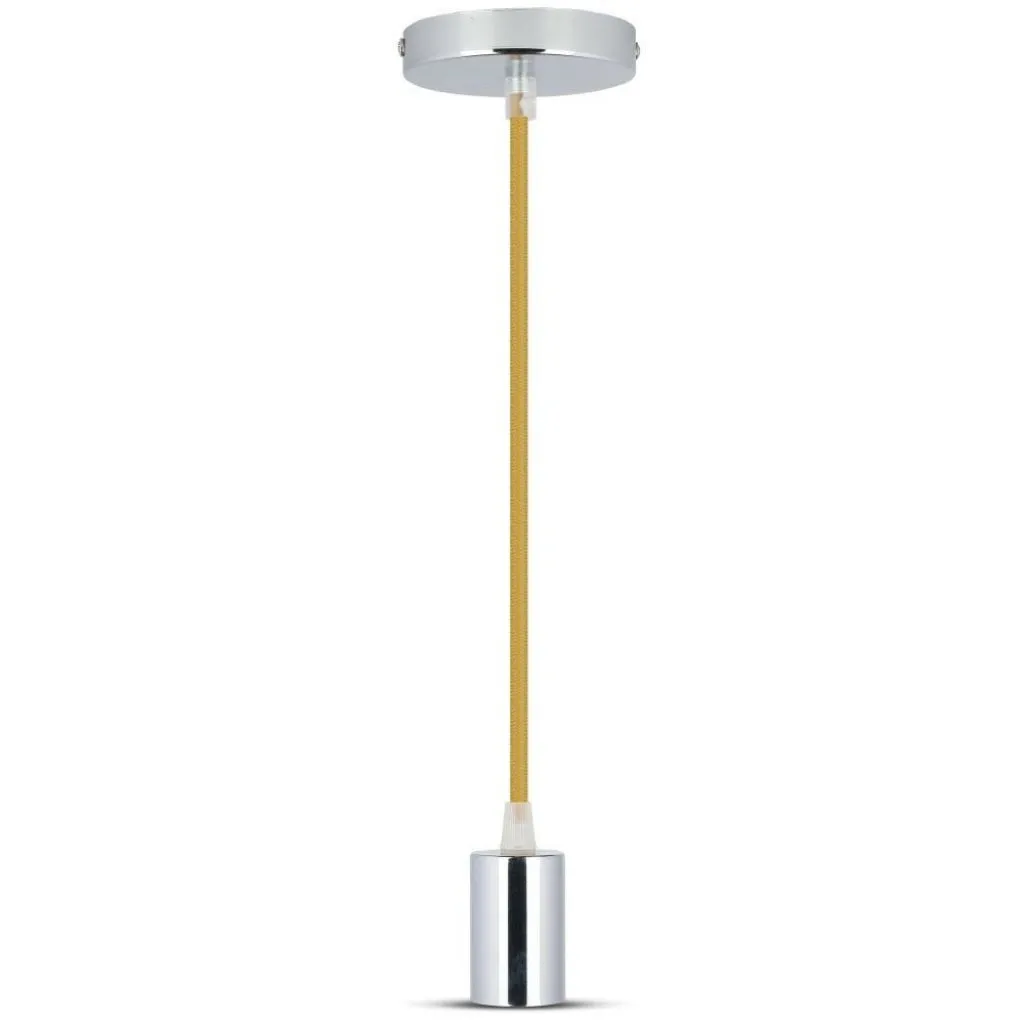Lampadario LED a Cilindro in Metallo con Portalampada E27 (Max 60W) L:100cm Colore Cromato e Cavo Beige, vista frontale