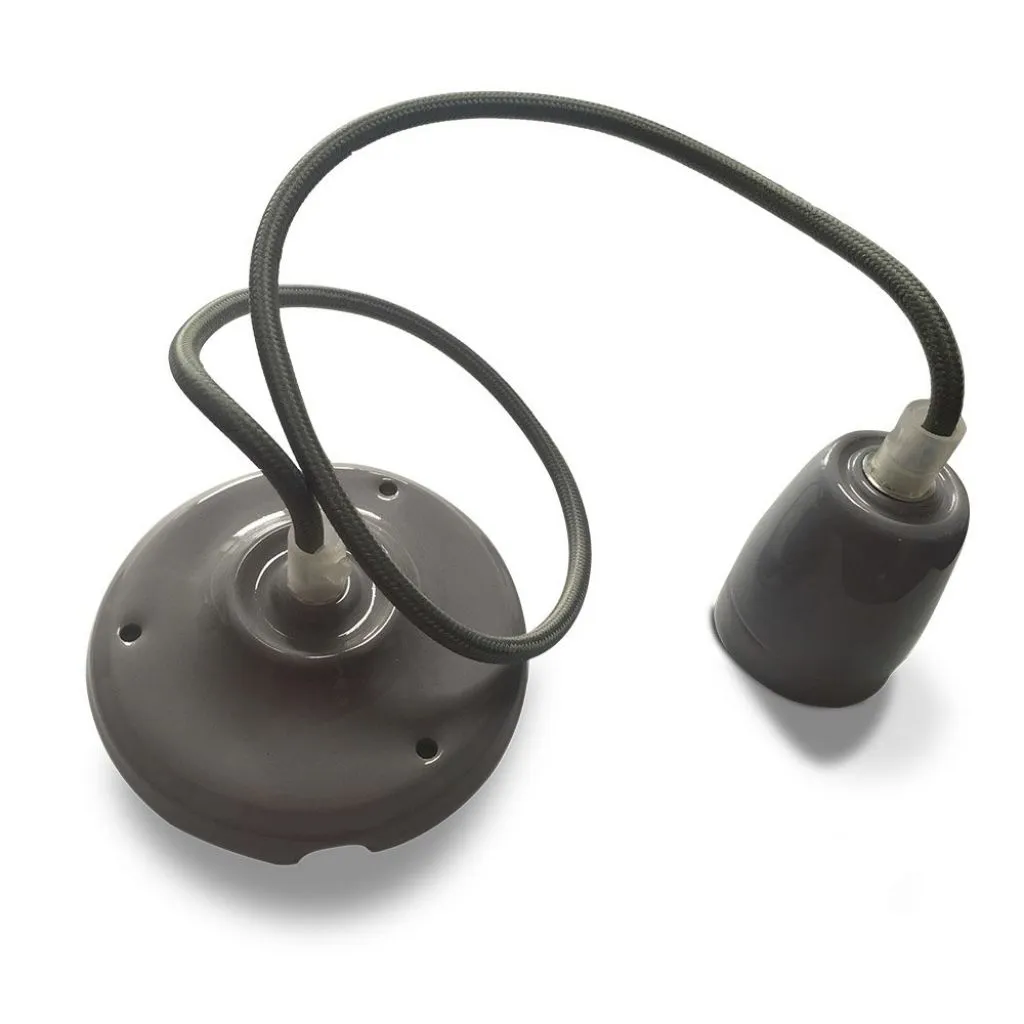 Portalampada in Porcellana E27 (Max 60W) Colore Grigio e Cavo in Corda, vista angolata