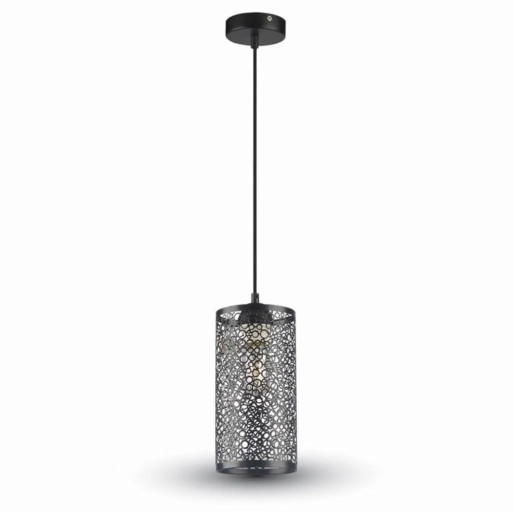 Lampadario LED a Cilindro Alveolare in Metallo Satinato con Portalampada E27 13x130cm Max 60W Colore Nero Opaco, vista frontale completa