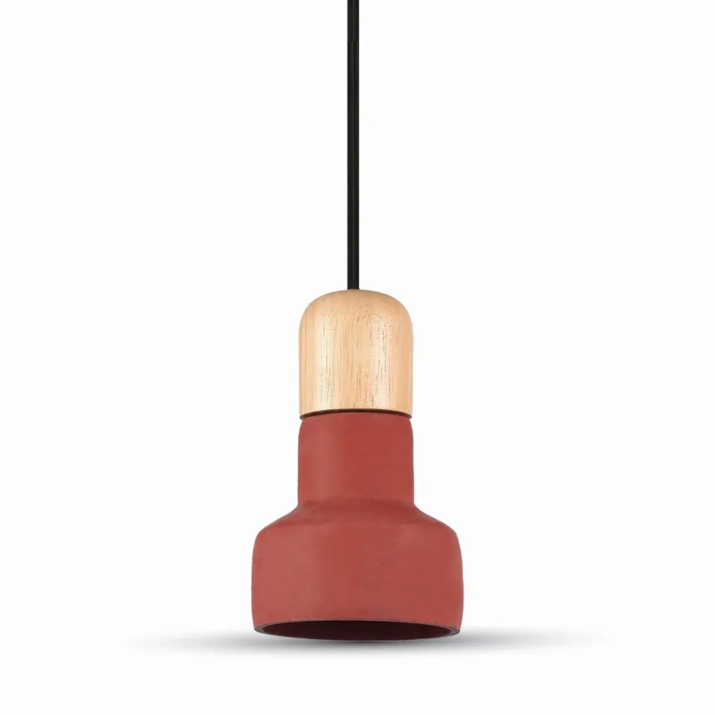 Lampadario LED in Calcestruzzo e Legno con Portalampada E27 (Max 60W) Colore Rosso e Attacco in Legno d: 125mm, vista frontale