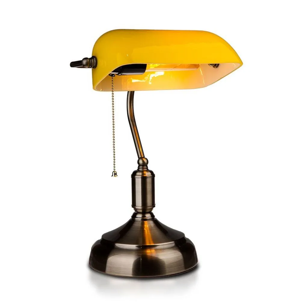 Lampada LED da Tavolo Vintage in Metallo con Portalampada E27 Diffusore Inclinabile di 90 gradi in Vetro Colore Giallo, vista frontale