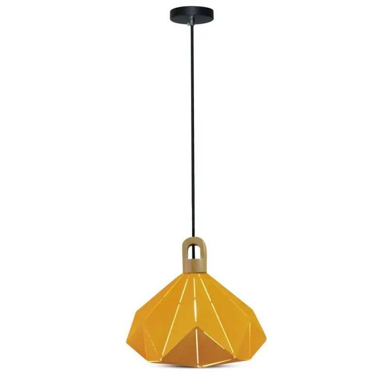 Lampadario LED a Prisma in Metallo con Portalampada E27 (Max 60W) Colore Giallo e Attacco in Legno, vista frontale