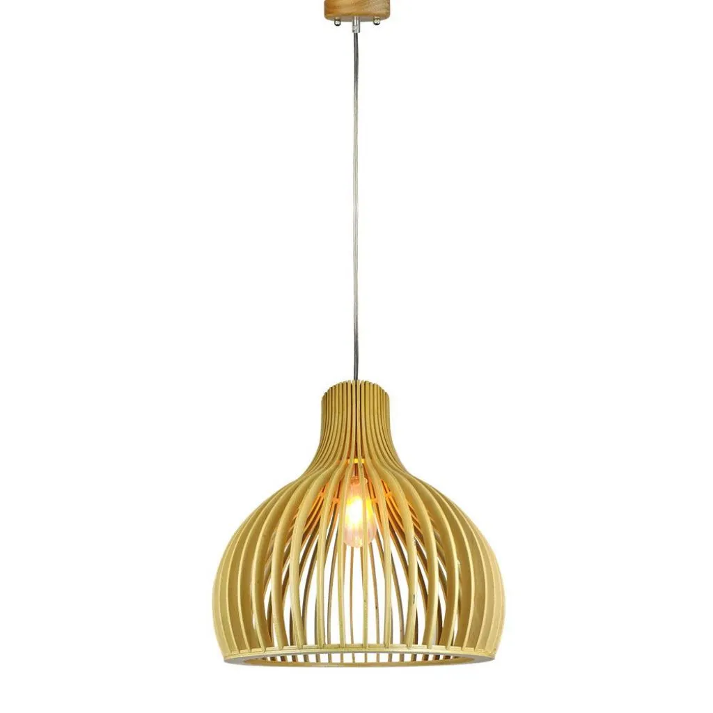 Lampadario LED in Legno a Sospensione con Portalampada E27 (Max 60W) Cappuccio Cromato e Paralume a Imbuto d: 450x450mm 1m Cavo, vista frontale