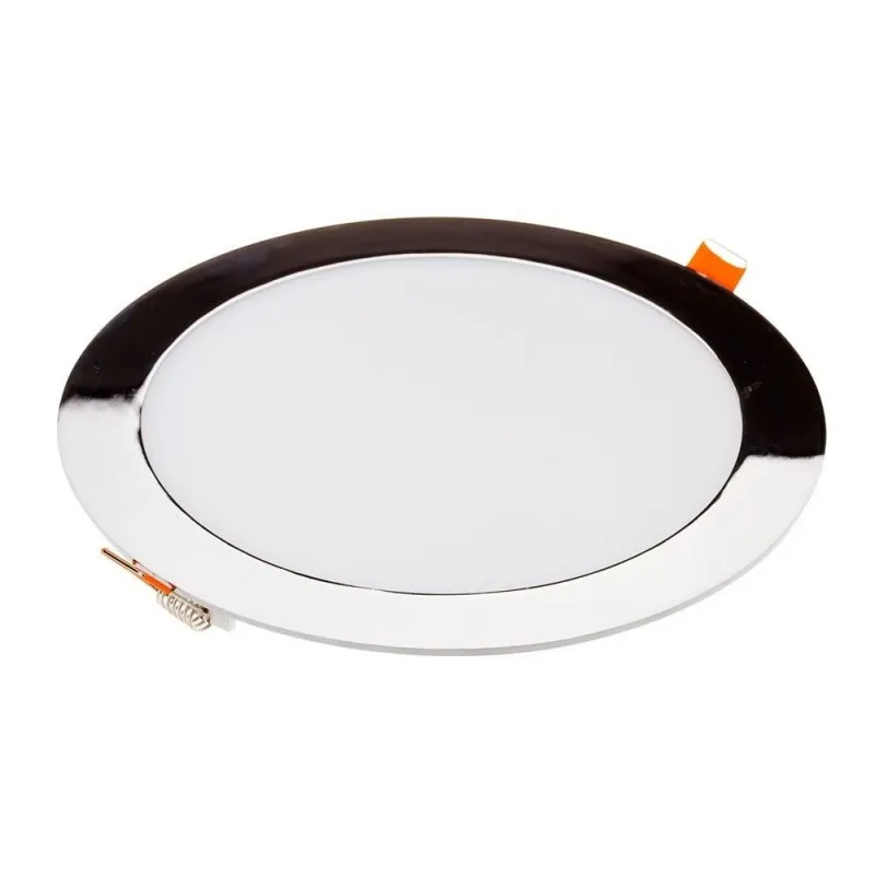 Mini Pannello LED 18W Montaggio ad Incasso Rotondo Colore Cromato 6400K, vista frontale angolata