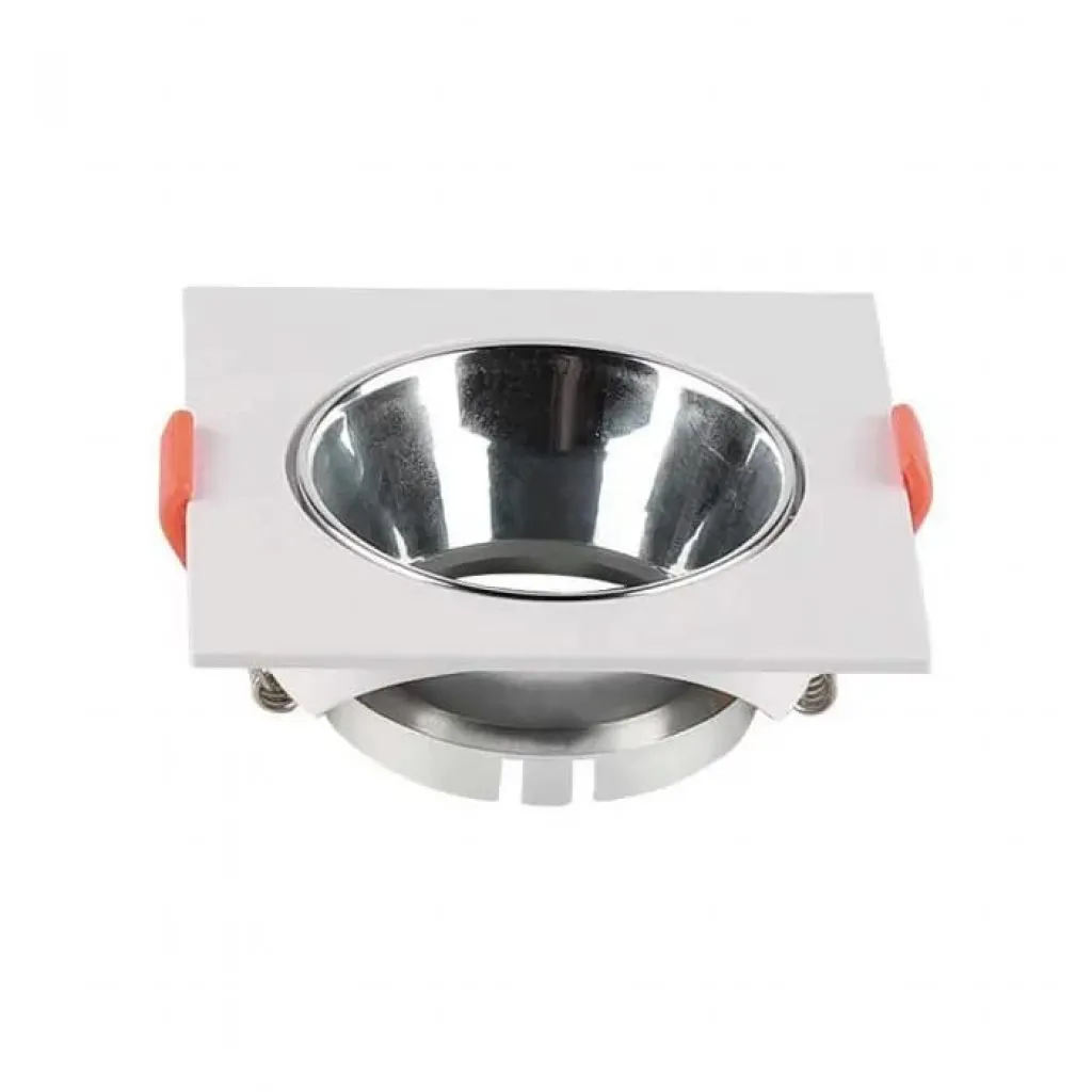 Portafaretto LED da Incasso Quadrato GU10 Corpo Bianco Riflettore Cromato, vista frontale angolata