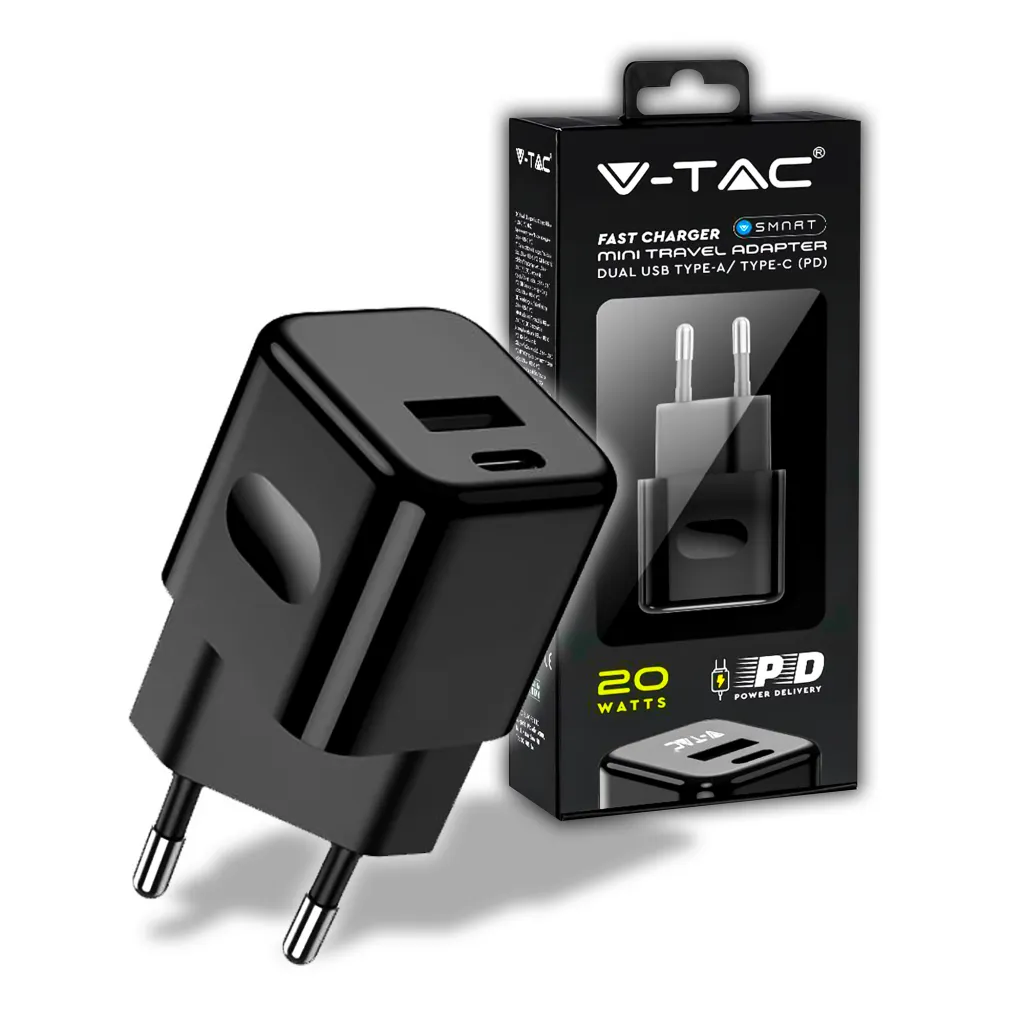 Adattatore da Viaggio USB 20W 1 PD+1 QC Colore Nero, vista angolata e scatola