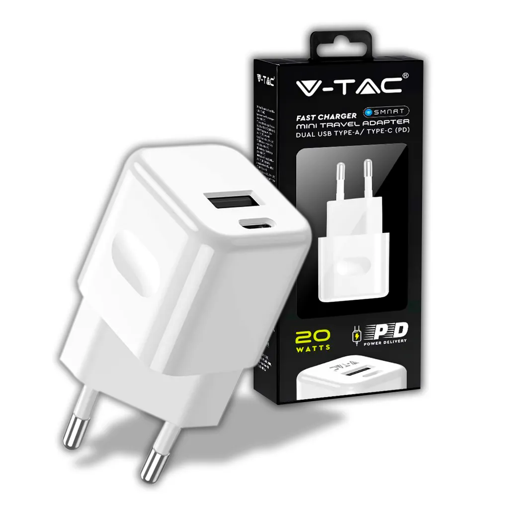 Adattatore da Viaggio USB 20W 1 PD+1 QC Colore Bianco, vista angolata con scatola