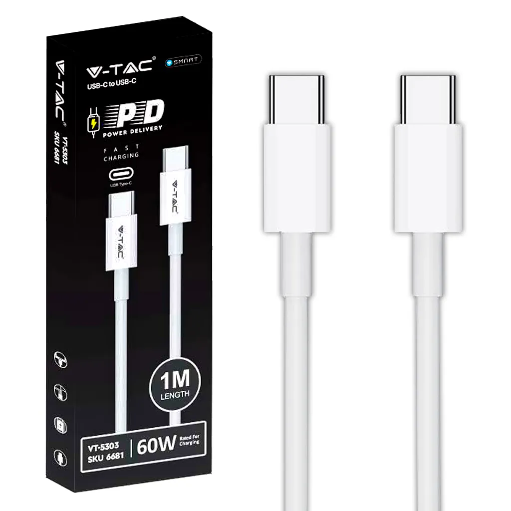 Cavo da USB Tipo-C a USB Tipo-C 1m Ricarica Rapida 3.1A 60W Colore Bianco, vista del prodotto e della confezione