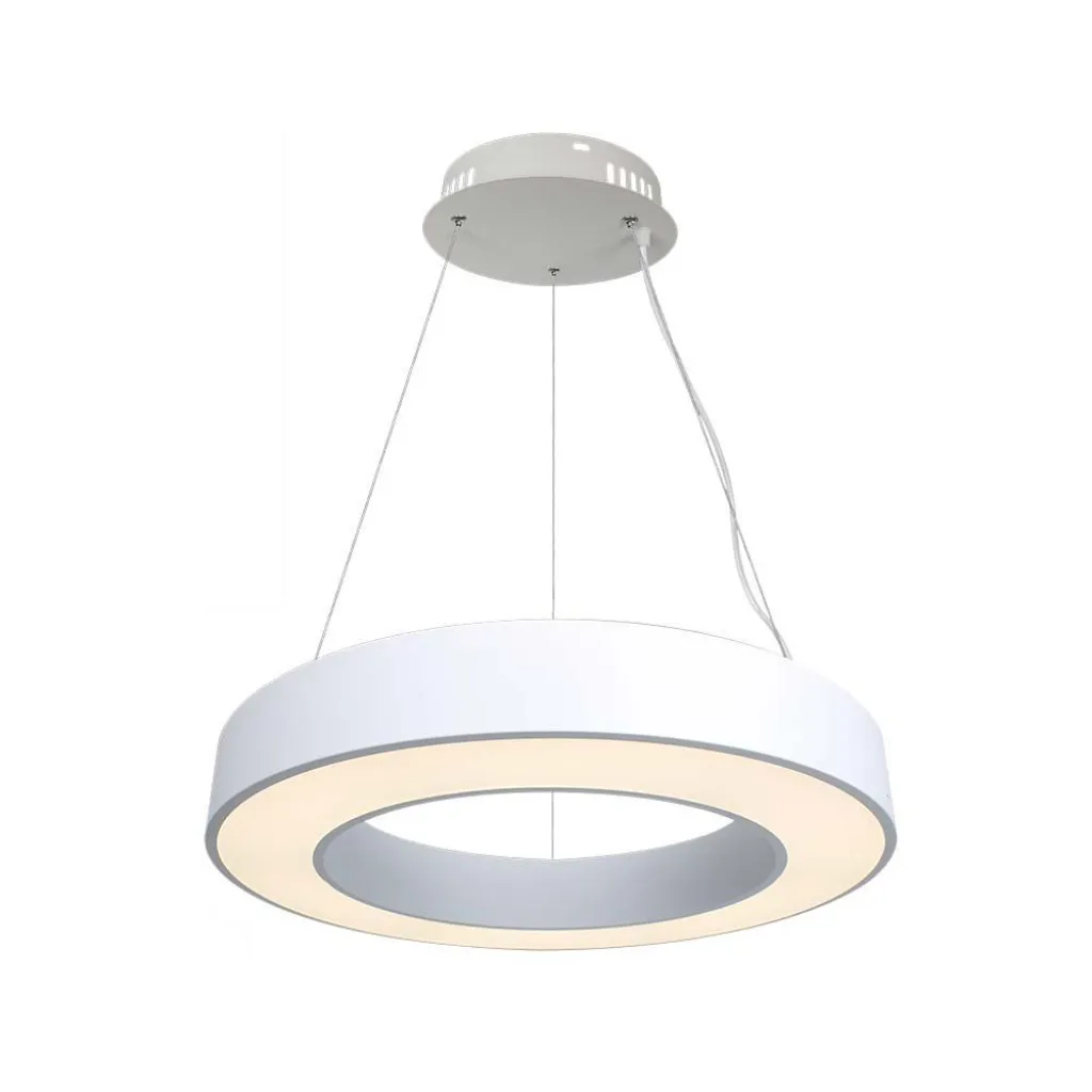 Lampadario LED a Sospensione Circolare 50W Dimmerabile TRIAC in Metallo Colore Bianco 4000K, vista frontale angolata