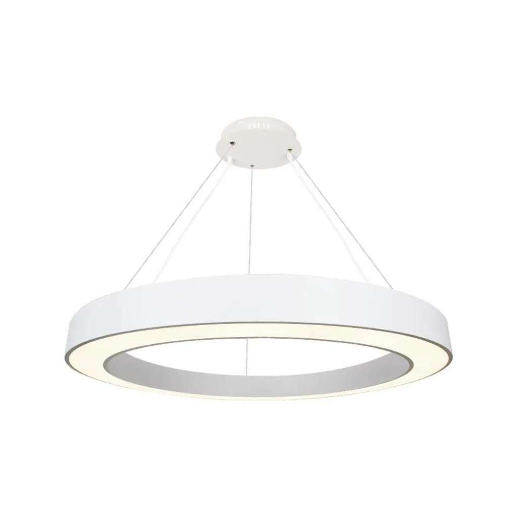 Lampadario LED a Sospensione Circolare 90W Dimmerabile TRIAC in Metallo Colore Bianco 4000K, vista frontale angolata