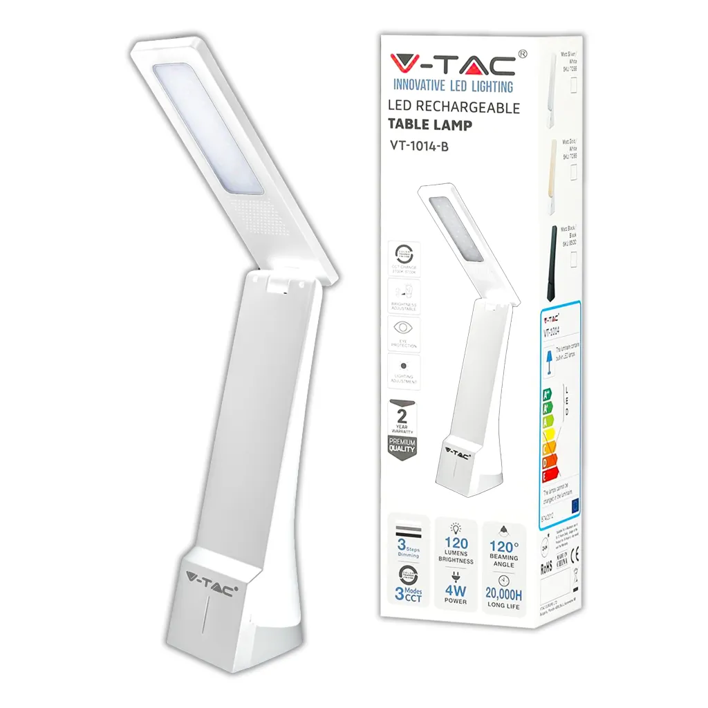 Lampada LED da Tavolo 4W 3 in 1 Ricaricabile a Batteria Colore Bianco e Argento Touch Dimmerabile, vista frontale e confezione