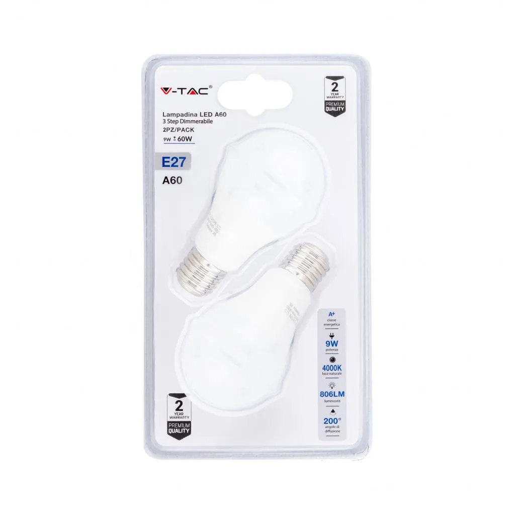 Lampadina LED E27 9W A60 3 Step Dimmerabile 4000K (Blister 2 Pezzi), vista frontale del blister