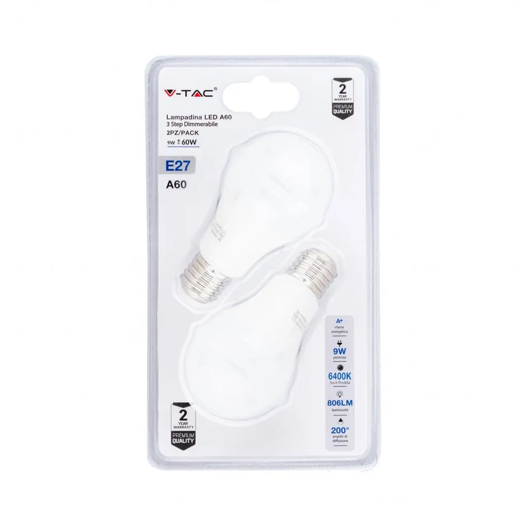 Lampadina LED E27 9W A60 3 Step Dimmerabile 6400K (Blister 2 Pezzi), vista frontale del blister