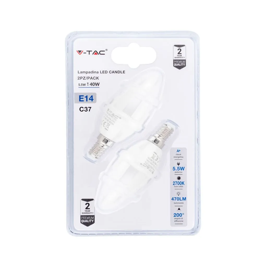Lampadina Led E14 55W Candela 2700K Blister 2 Pezzi, vista frontale del blister