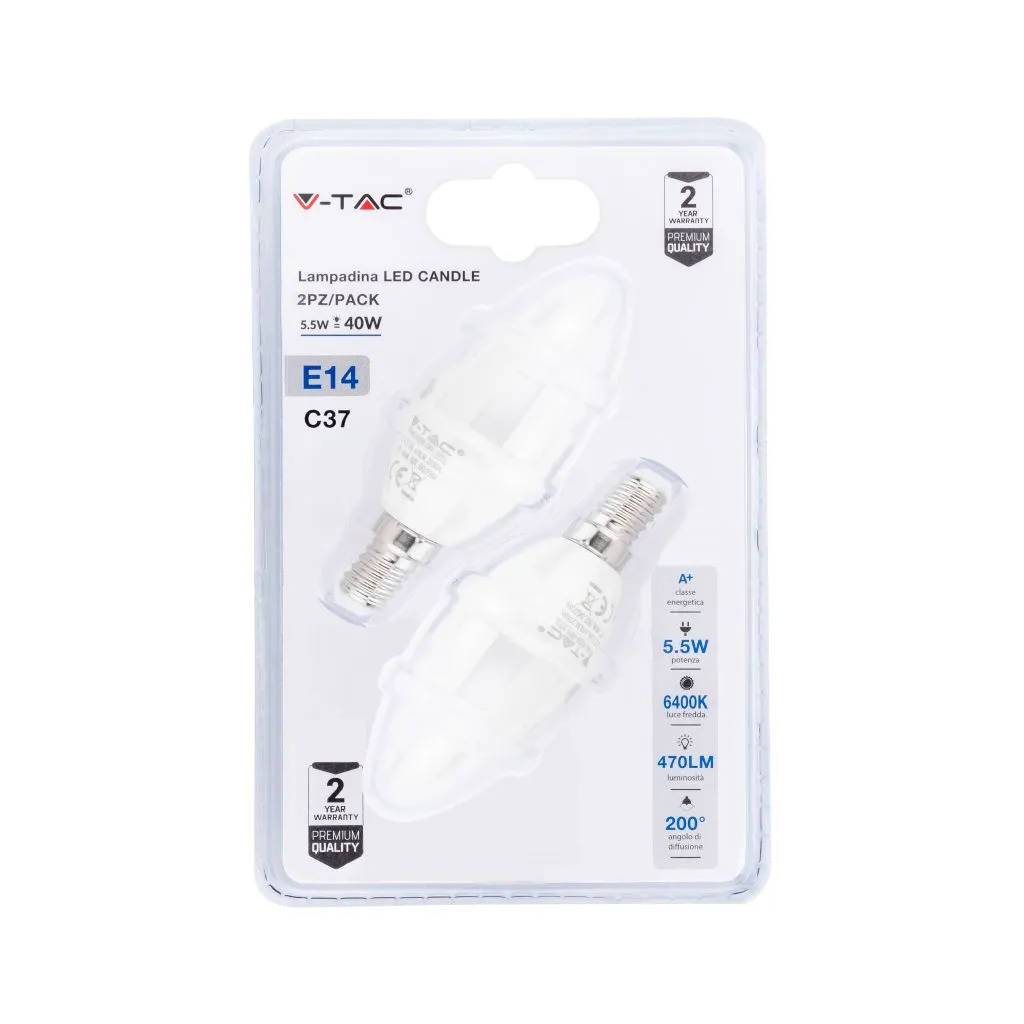 Lampadina LED E14 5,5W Candela 6400K (Blister 2 pezzi), vista frontale del blister