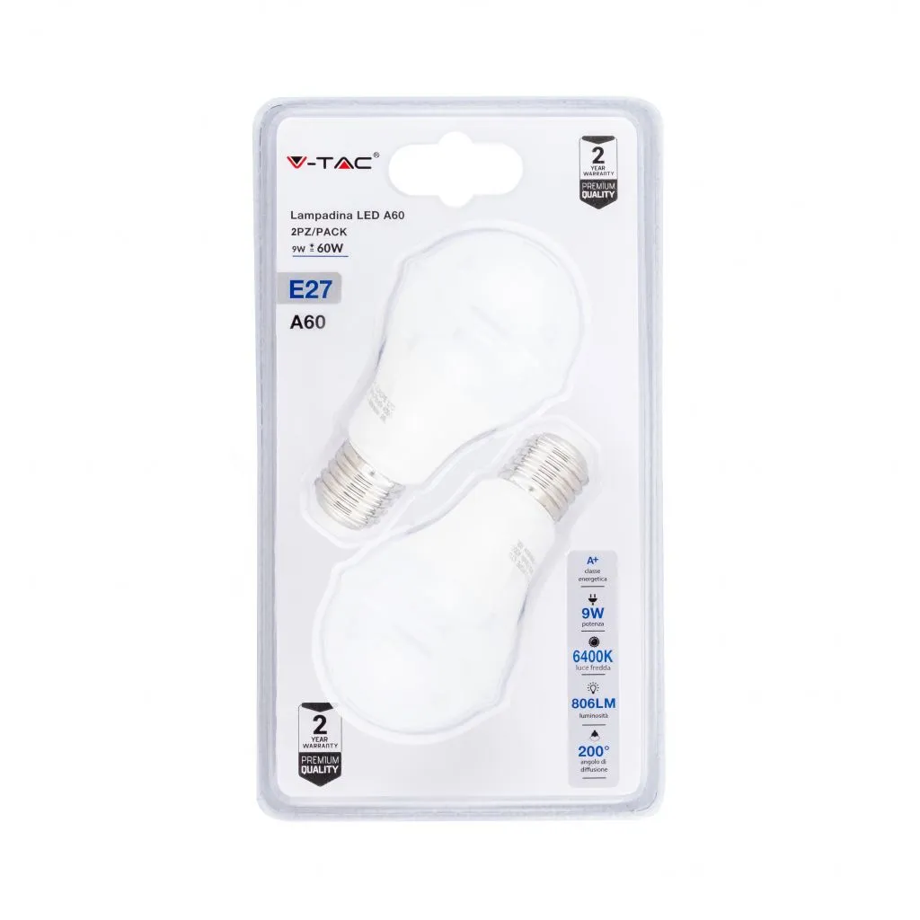 Lampadina LED E27 9W A60 6400K (Blister 2 pezzi), vista frontale del blister