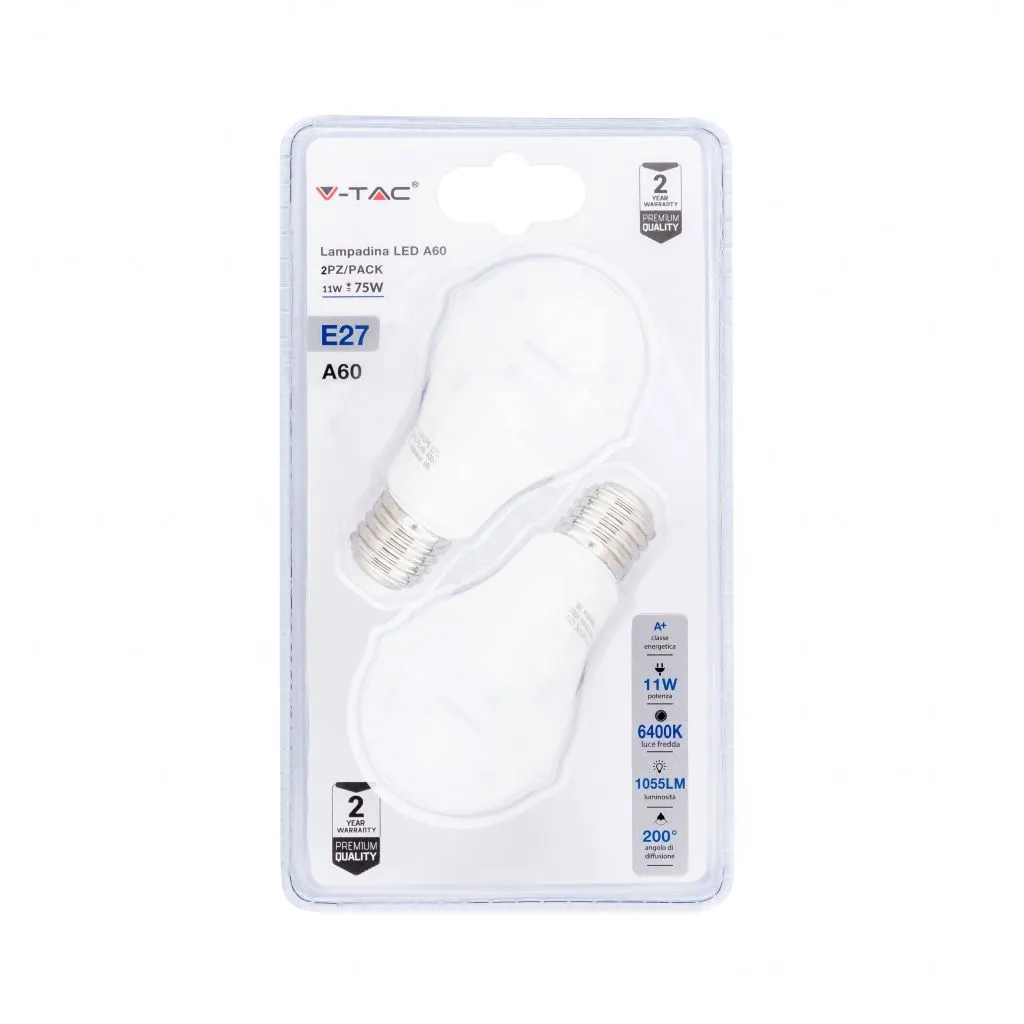 Lampadina LED E27 11W 100LM/W A60 6400K (Blister 2 pezzi), vista frontale blister