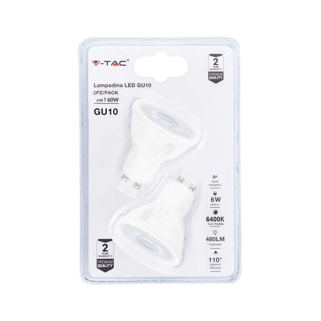 Faretto LED GU10 6W 6400K (Blister 2 pezzi), vista frontale della confezione