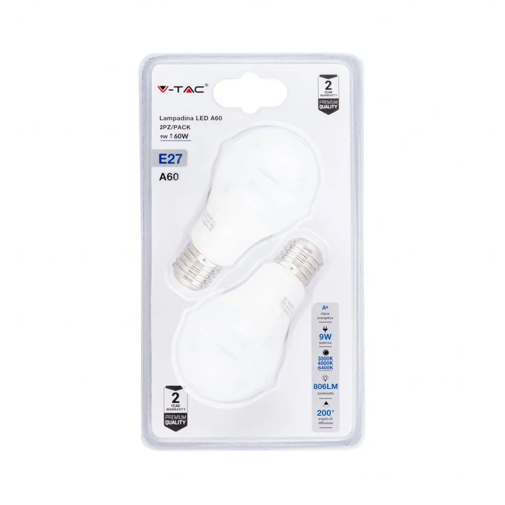 Lampadina LED E27 9W A60 3 in 1 (3000K+4000K+6400K) (Blister 2 Pezzi), vista frontale blister