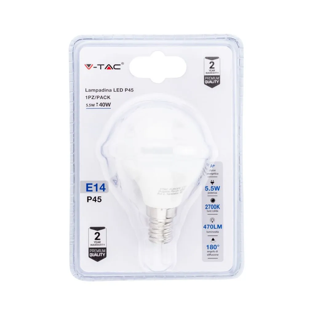 Lampadina Led E14 55W P45 2700K Blister 1 Pezzo, vista frontale del blister
