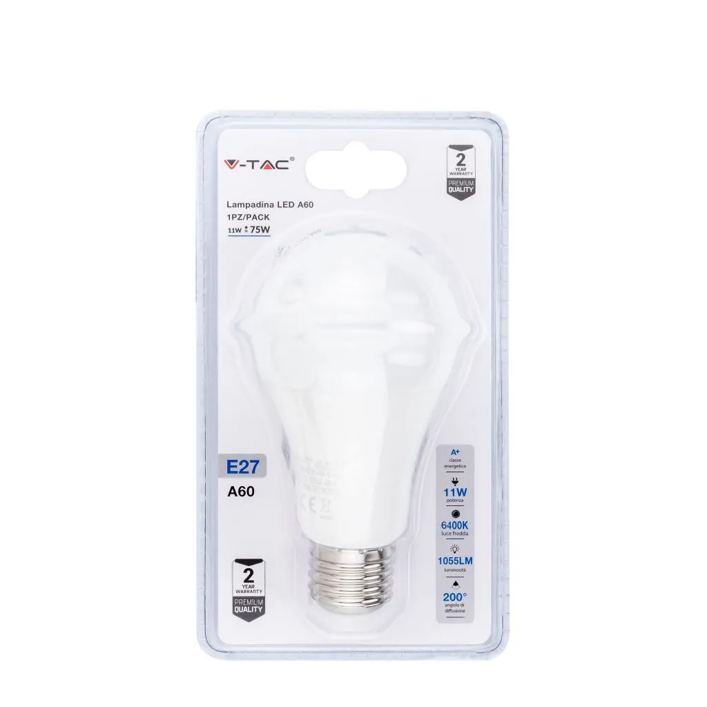 Lampadina Led E27 11W A60 6400K Blister 1 Pezzo, vista frontale blister