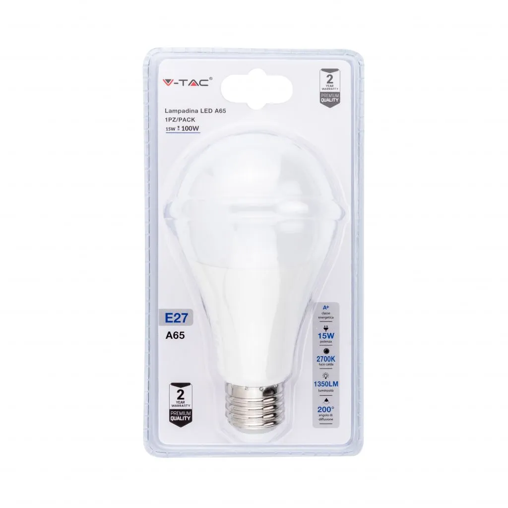 Lampadina Led E27 15W A65 2700K Blister 1 Pezzo, vista frontale della confezione
