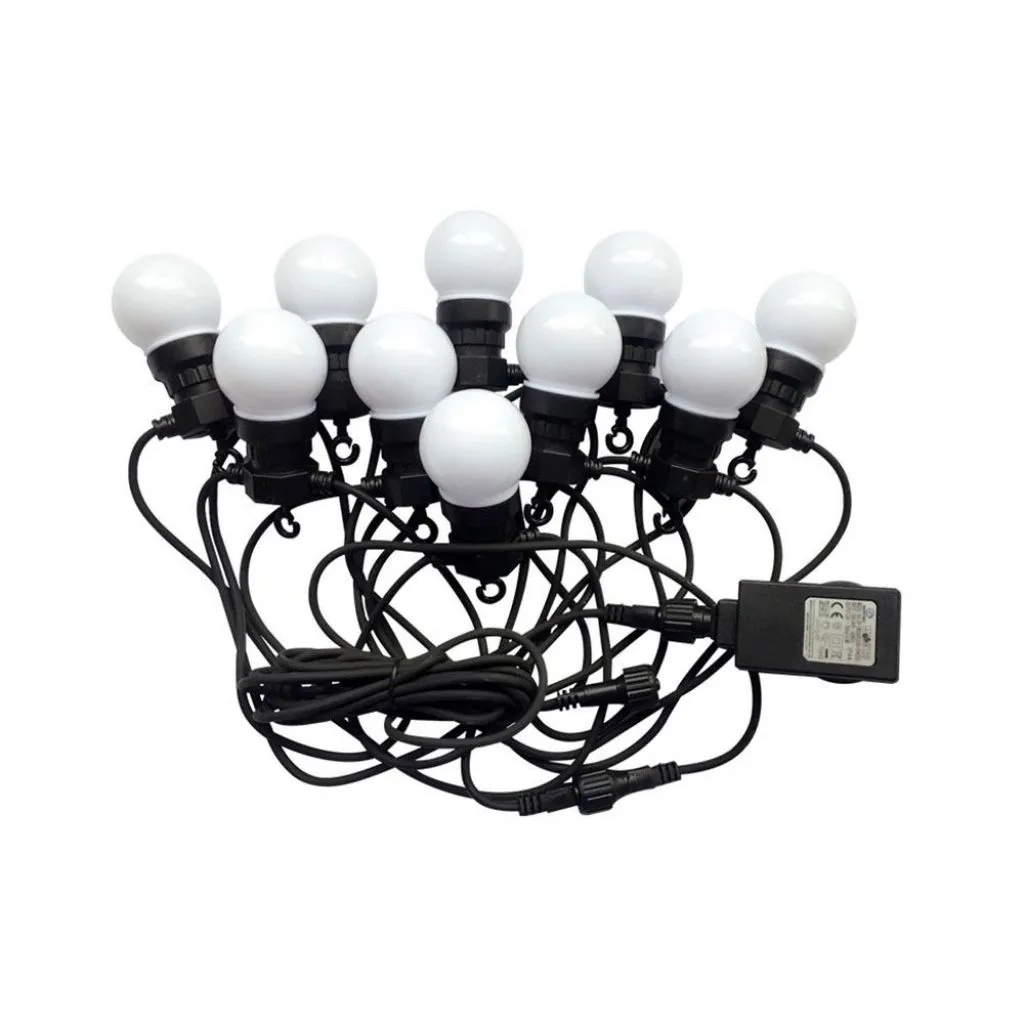 Catenaria 5m con 10 Lampadine mini Globo LED 5W RGB+Giallo con Schuko e Trasformatore, vista generale del prodotto