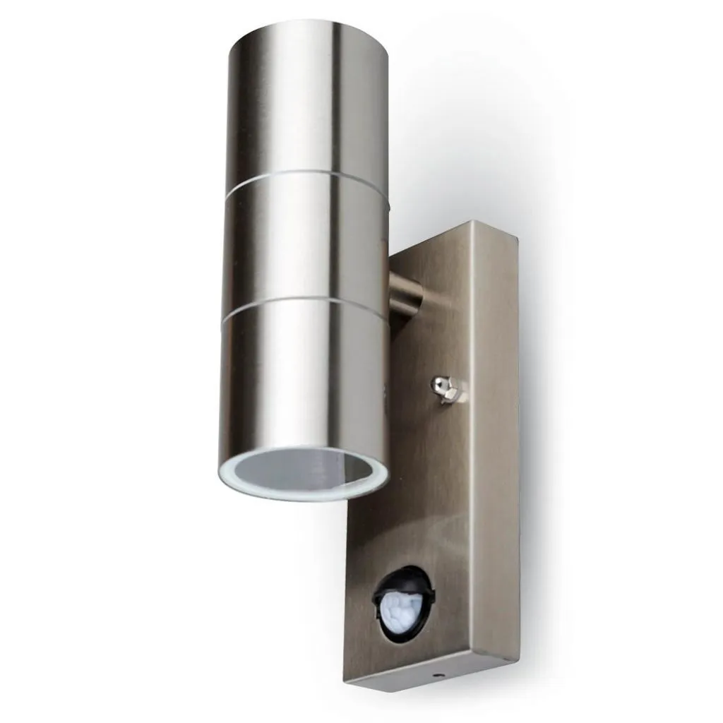 Portafaretto LED Doppio da Muro 2xGU10 e GU5.3 (MR16) in Acciaio Inox con Sensore PIR, vista frontale angolata