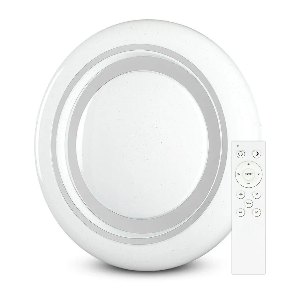 Plafoniera LED Rotonda 60W con Telecomando e Timer Cambia Colore 3 in 1 Effetto Stellato Dimmerabile, vista frontale con telecomando
