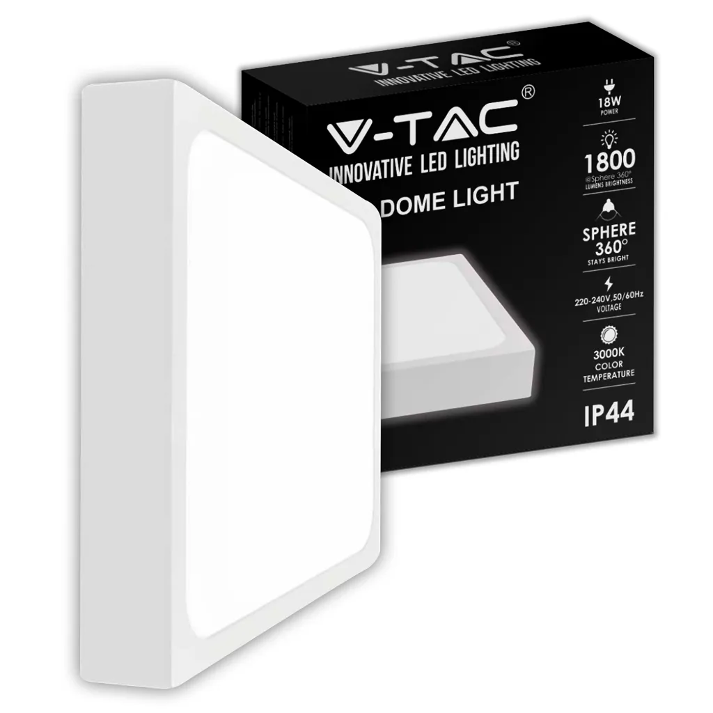 Plafoniera LED Quadrata 18W Colore Bianco 3000K, vista laterale e scatola