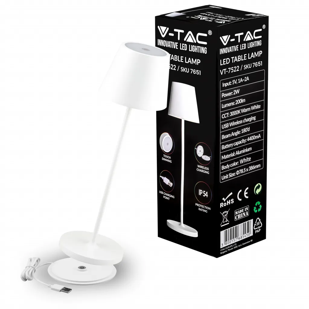 Lampada LED da Tavolo 2W Colore Bianco in Alluminio con caricatore Wireless e Touch Dimmerabile 3000K, vista angolata con scatola