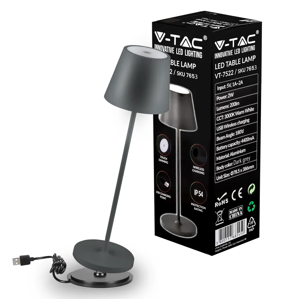 Lampada LED da Tavolo 2W Colore Grigio in Alluminio con caricatore Wireless e Touch Dimmerabile 3000K, vista frontale con scatola