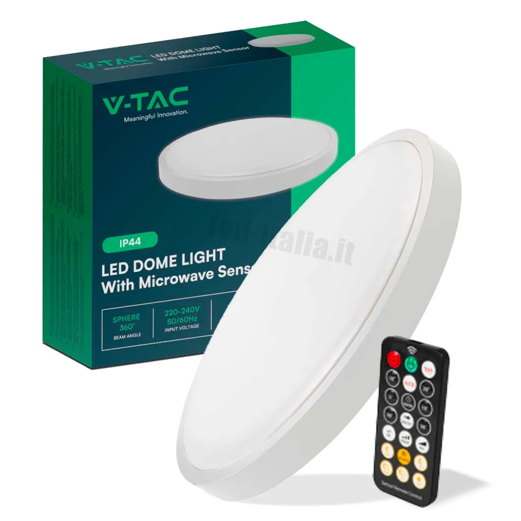 Plafoniera LED Rotonda 18W con Telecomando e Sensore di Movimento a Microonde Colore Bianco 3000K, vista angolata con scatola