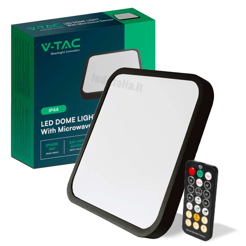 Plafoniera LED Quadrata 36W con Telecomando e Sensore di Movimento a Microonde Colore Nero 4000K, vista angolata con scatola