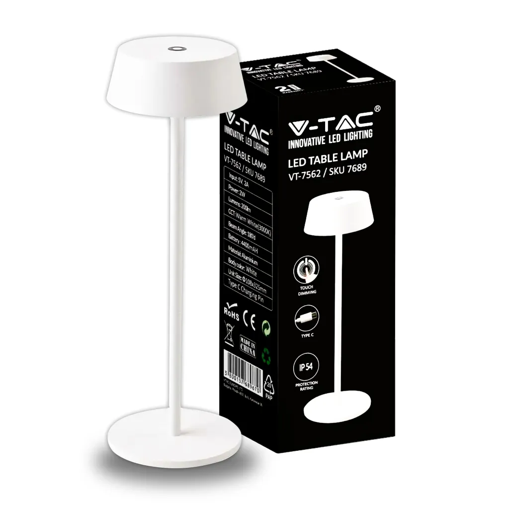 Lampada LED da Tavolo 2W Ricaricabile Dimmerabile 3000K Bianca, vista angolata con scatola