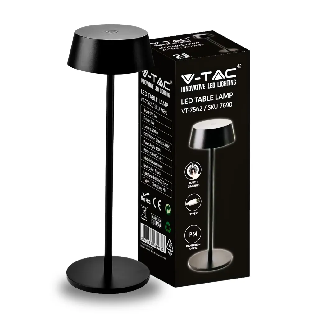 Lampada LED da Tavolo 2W Ricaricabile Dimmerabile 3000K Nero, vista angolata con scatola