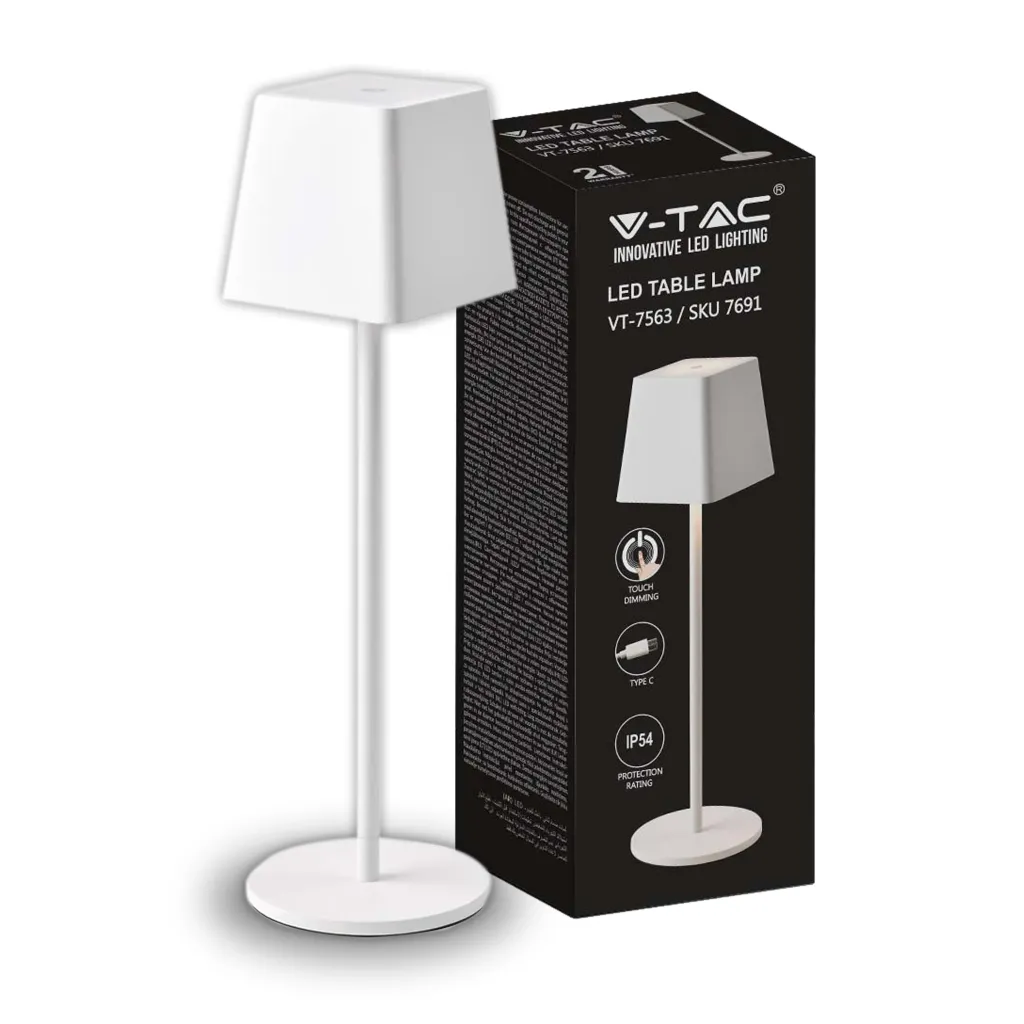 Lampada LED da Tavolo 2W Colore Bianco in Alluminio ricaricabile con USB C Touch Dimmerabile 3000K, vista frontale con scatola
