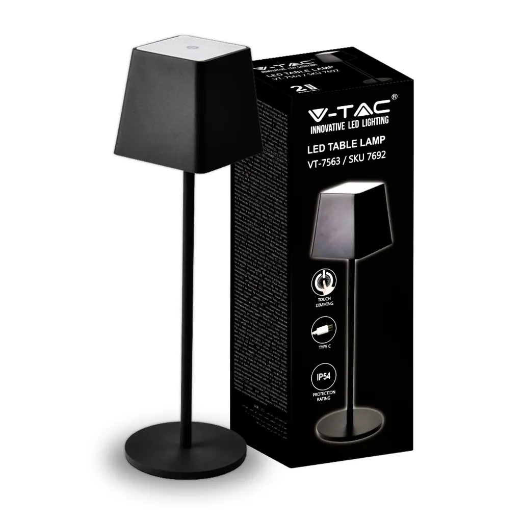 Lampada LED da Tavolo 2W Colore Nero in Alluminio ricaricabile con USB C Touch Dimmerabile 3000K, vista frontale con scatola