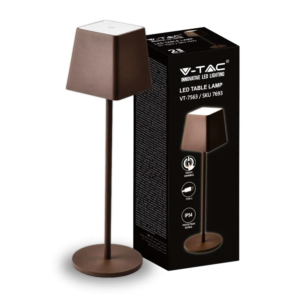 Lampada LED da Tavolo 2W Colore Corten in Alluminio ricaricabile con USB C Touch Dimmerabile 3000K, vista angolata con scatola