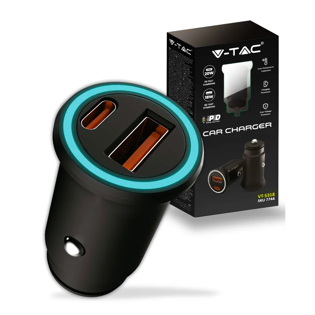 Caricatore Auto Ricarica Rapida USB-C 20W + USB-A 18W, vista angolata del caricatore e confezione