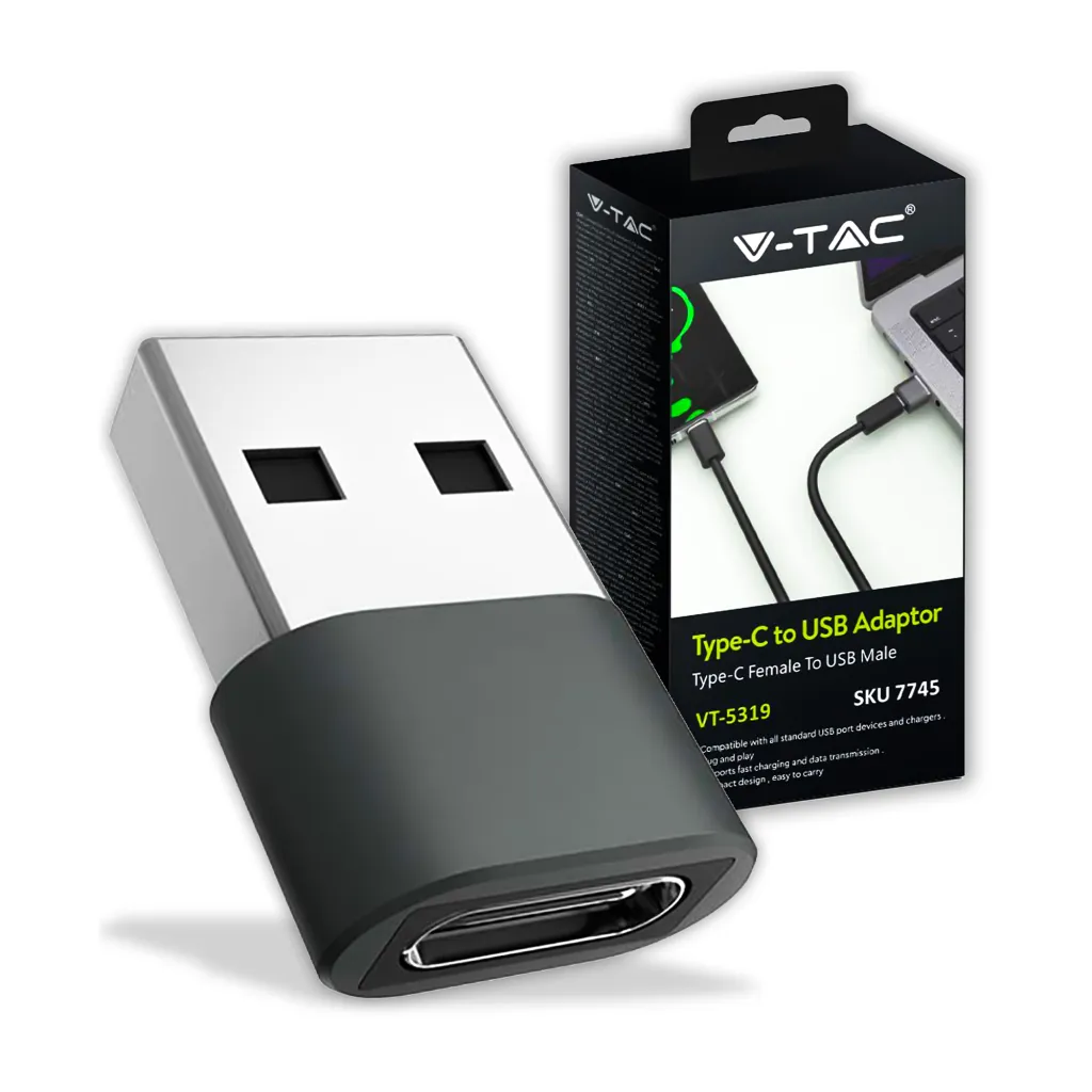Adattatore da USB Tipo-C a USB-A Colore Grigio, vista angolata con scatola