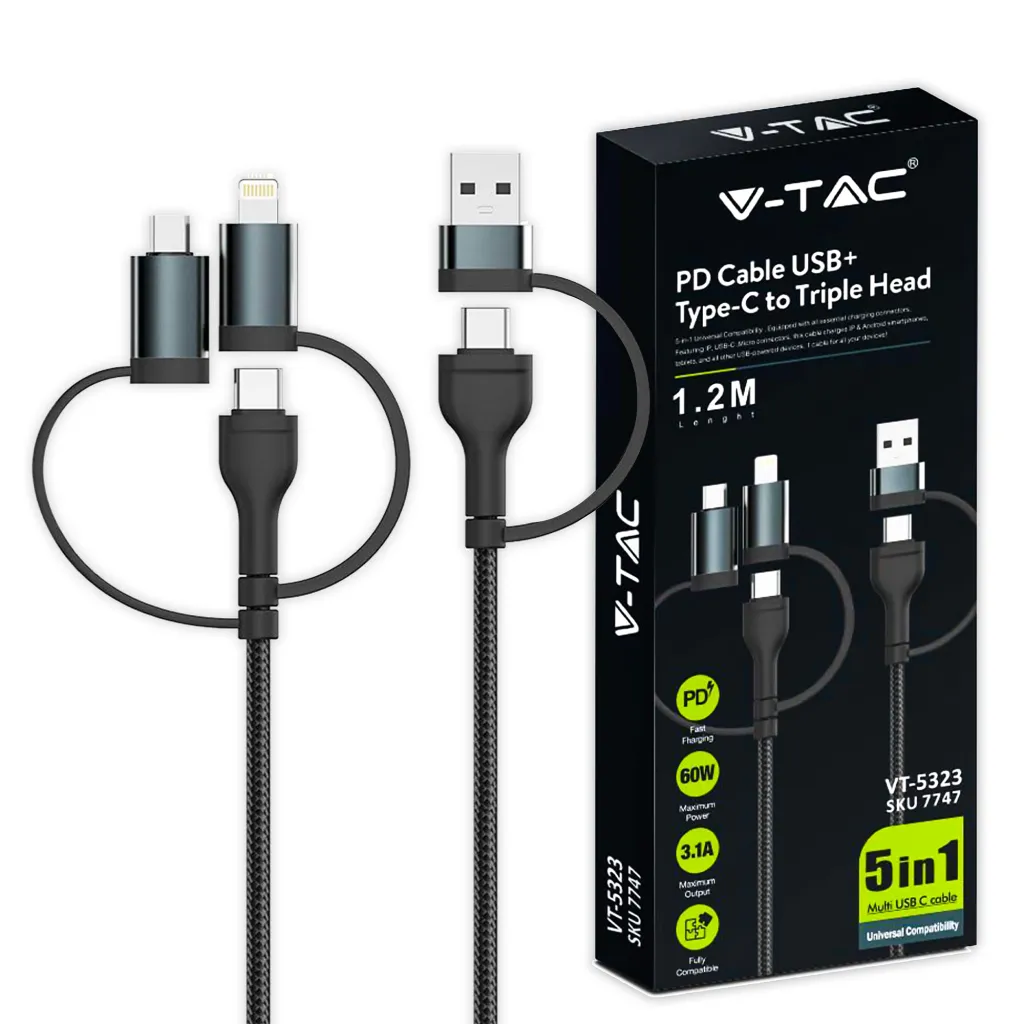Cavo 5in1 da USB Tipo-C USB-A a USB Tipo-C Micro-USB Lightning iPhone 12m Ricarica Rapida 3.1A 60W Colore Nero, vista frontale con scatola