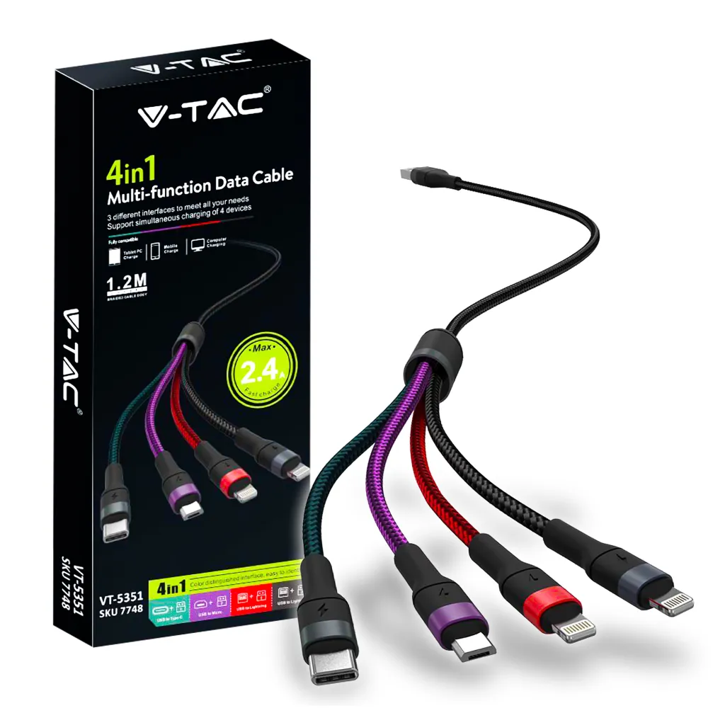 Cavo 4in1 da USB-A a USB Tipo-C Micro-USB 2x Lightning iPhone 1.2m Ricarica Rapida 2.4A Colore Nero, vista del prodotto e della scatola