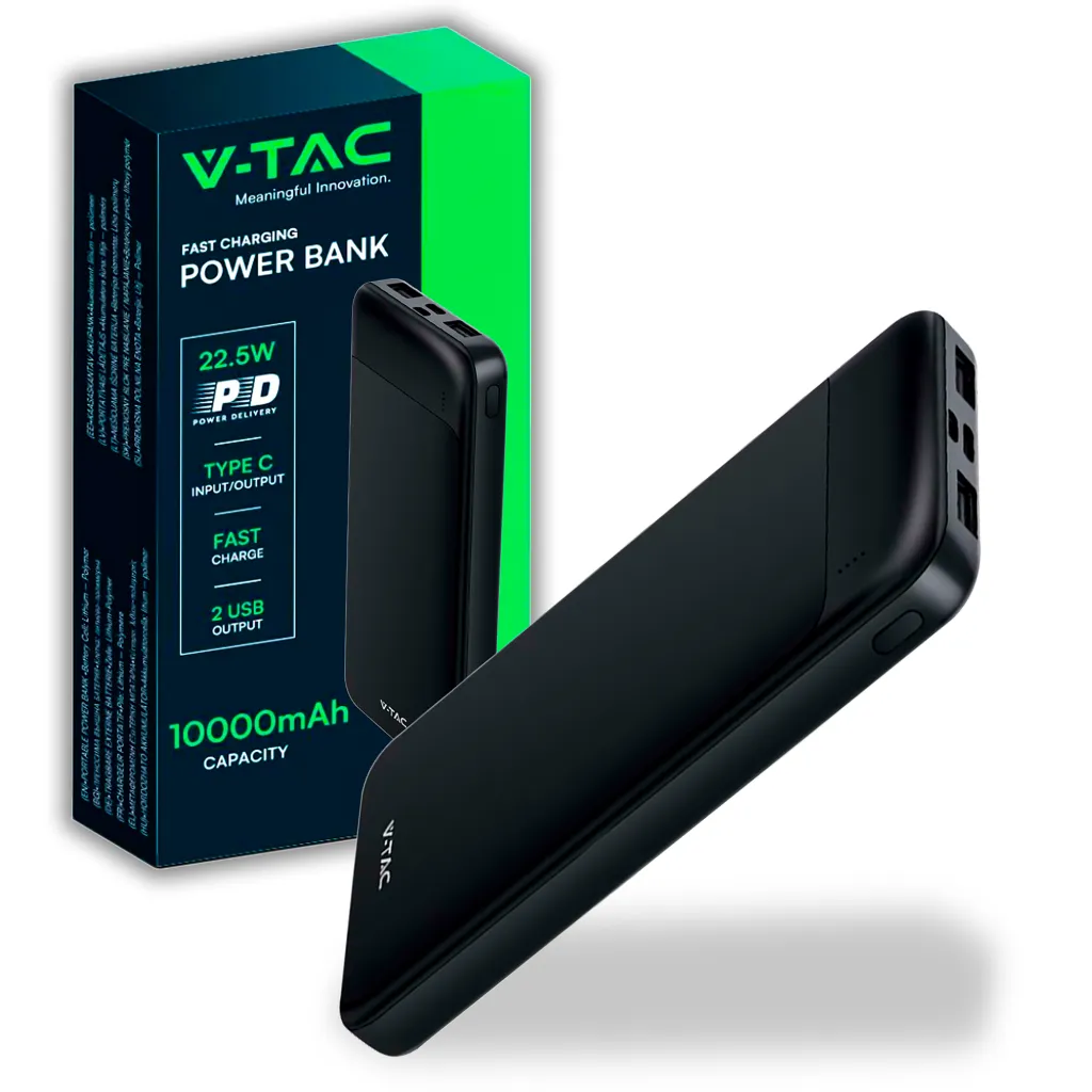 Power Bank 10000mAh con Ricarica Rapida PD Power Delivery 22.5W 2 Uscite USB-A Ingresso-Uscita USB Type-C Ingresso Micro USB Colore Nero, vista angolata con scatola