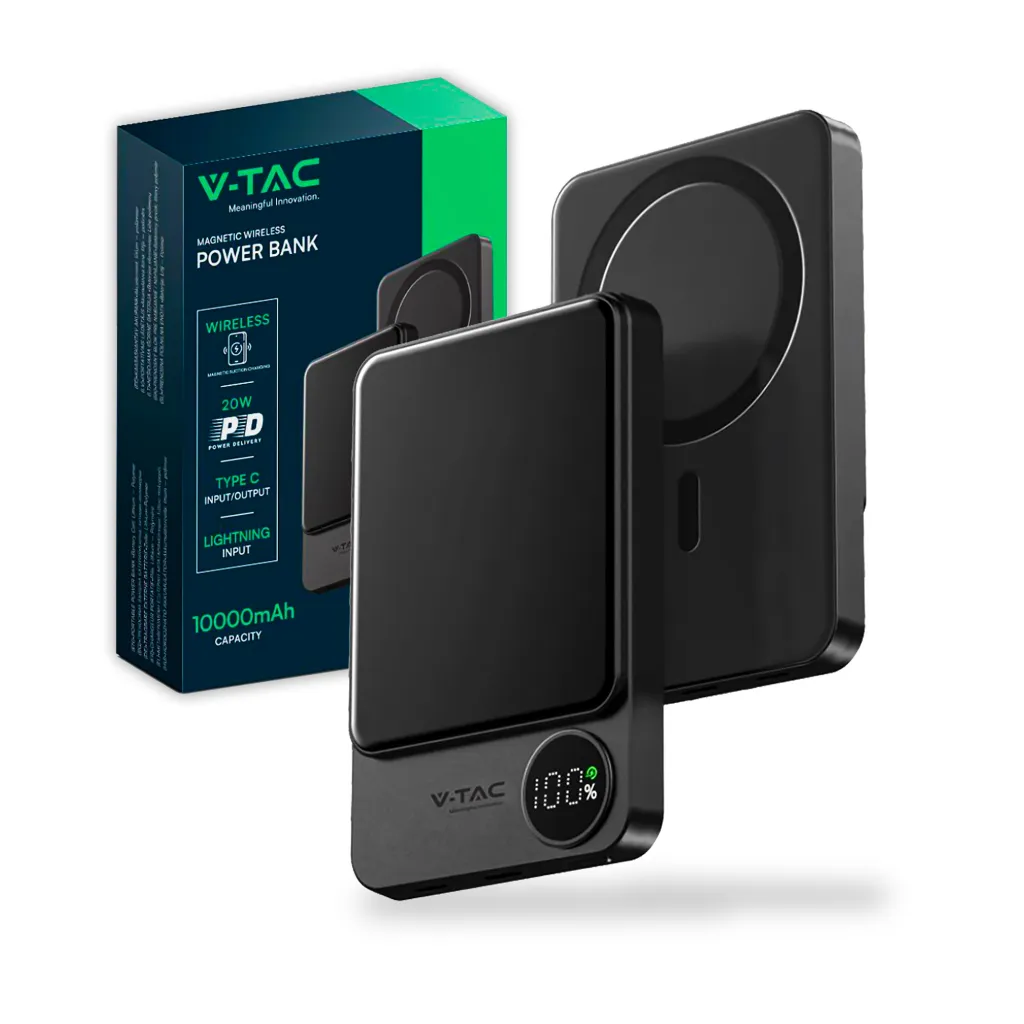 Power Bank 10.000 mAh MagSafe Ultra Sottile 9mm in Lega di Alluminio Magnetico con Display e Ricarica Wireless Colore Grigio, vista angolata con scatola